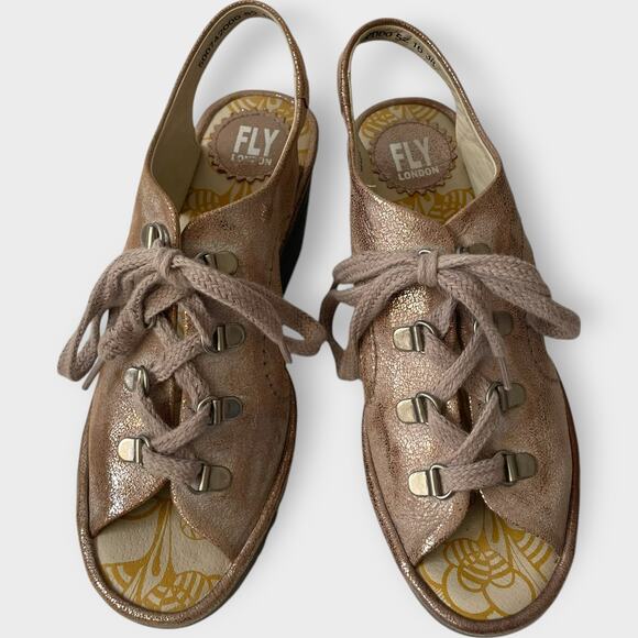 Fly London YLVA Sandals Wedge Leather Suede Gold Lace Up Size 38 US Size 8 - Picture 3 of 10